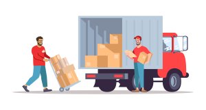 Moving house service flat vector illustration. Post office workers loading cardboard boxes into truck. Deliverymen planning parcels shipment isolated cartoon character on white background