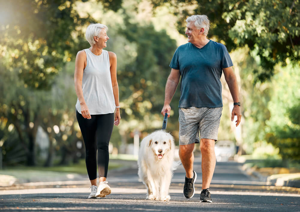 Retired couple walking  dog